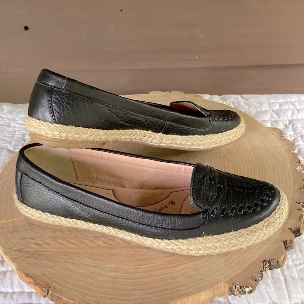 Leather Womens Black Flat Loafers with Jute Trim - Size 6.5